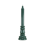 Photographie d'un cierge parfumé en cire de colza de couleur vert sapin, avec sa mèche en coton, fabriqué à la main par Anthèse Manufacture. Nom du produit: Pin des landes