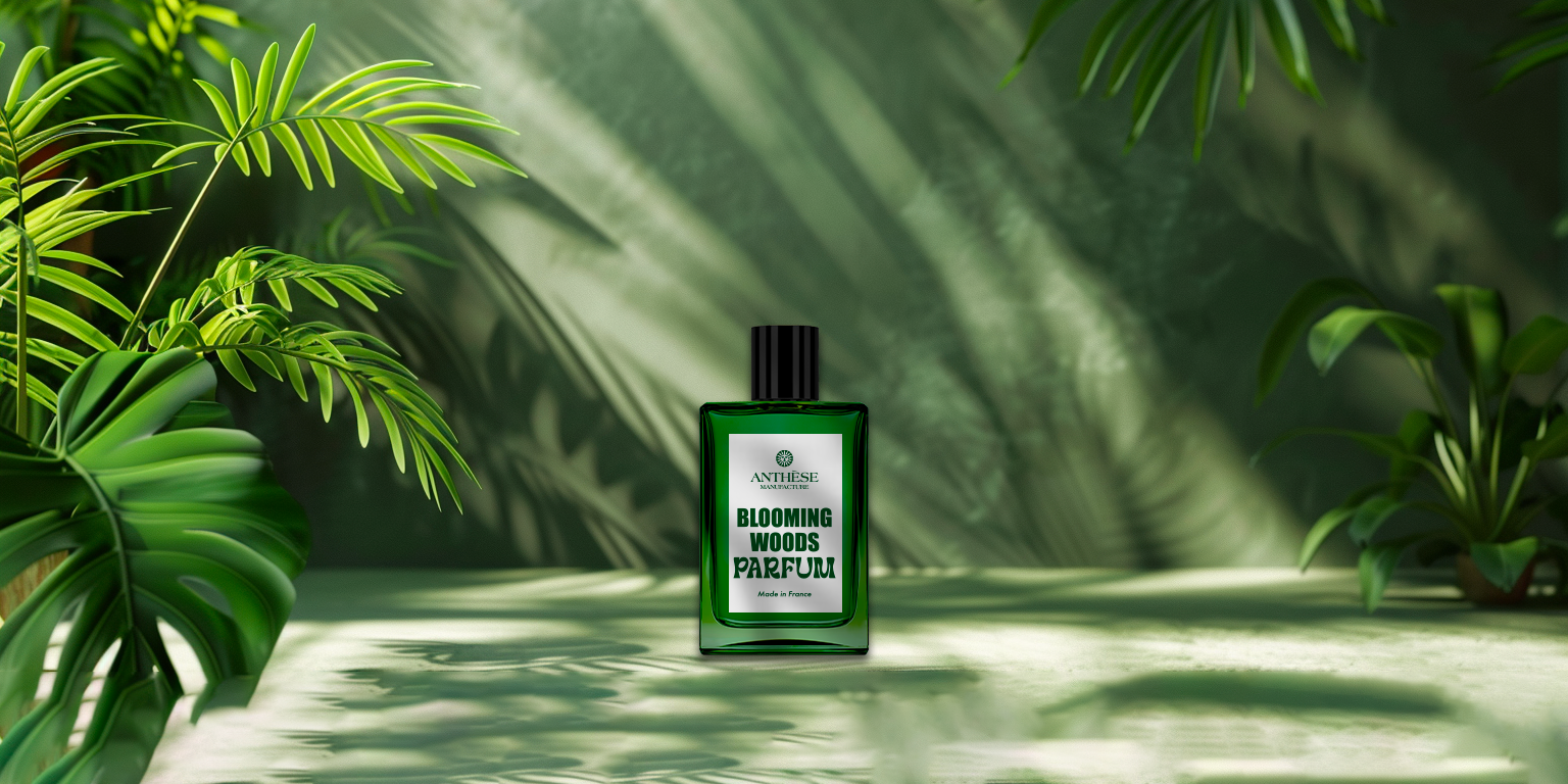 La bannière affiche le flacon de parfum Blooming Woods d’Anthèse Manufacture au centre, sur un fond illustrant un environnement verdoyant de feuilles tropicales. Des jeux de lumière et d'ombre sont visibles sur le sol accentués par le feuillage autour.
