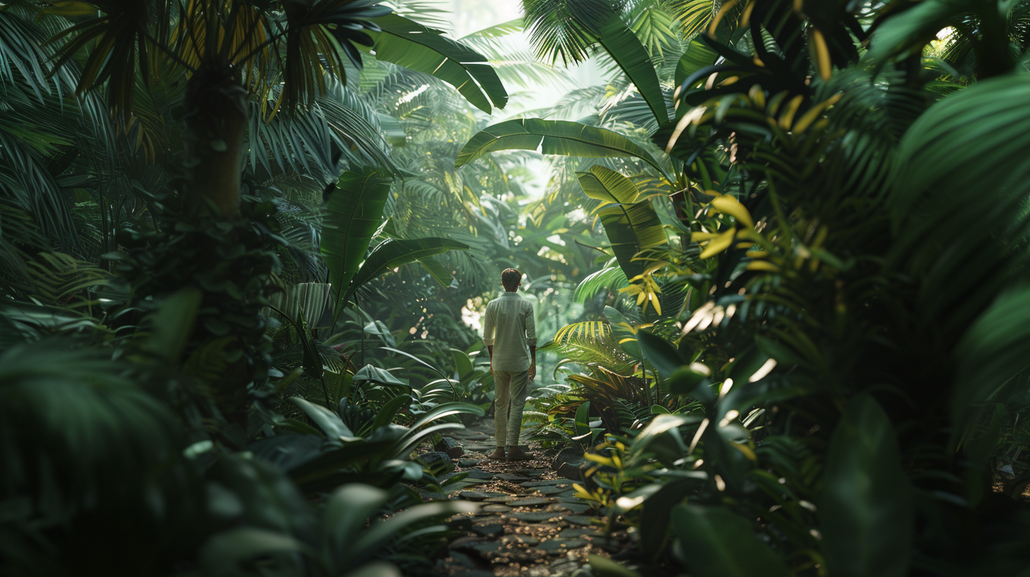 Photographie d’une personne masculine, de dos en tenue claire marchant sur un sentier bordé de végétation dense dans une jungle tropicale. Des plantes aux grandes feuilles vertes dominent la scène, avec une lumière tamisée qui se fraie un chemin à travers les feuillages. Un univers reflétant l’univers de Blooming Woods d’Anthèse Manufacture. 