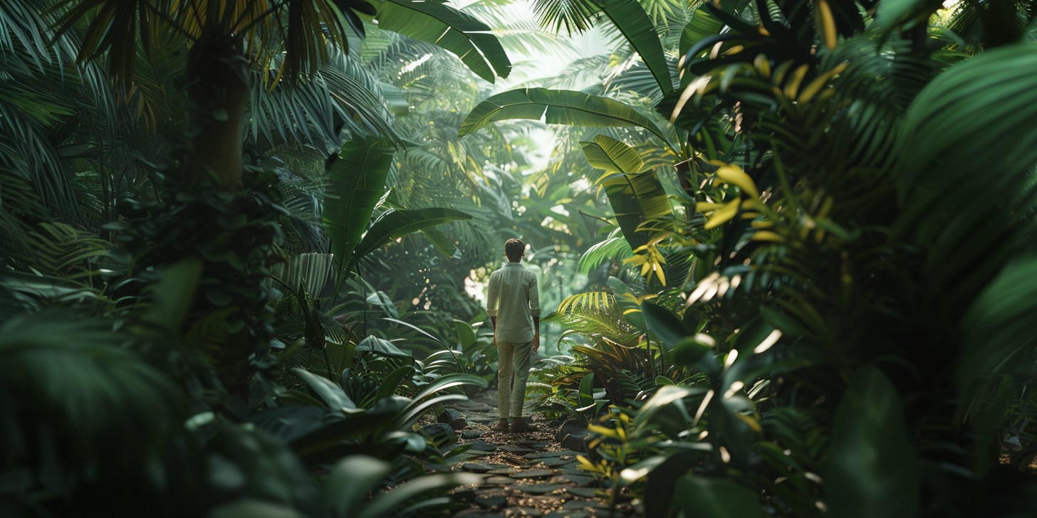 Photographie d’une personne masculine, de dos en tenue claire marchant sur un sentier bordé de végétation dense dans une jungle tropicale. Des plantes aux grandes feuilles vertes dominent la scène, avec une lumière tamisée qui se fraie un chemin à travers les feuillages. Un univers reflétant l’univers de Blooming Woods d’Anthèse Manufacture. 