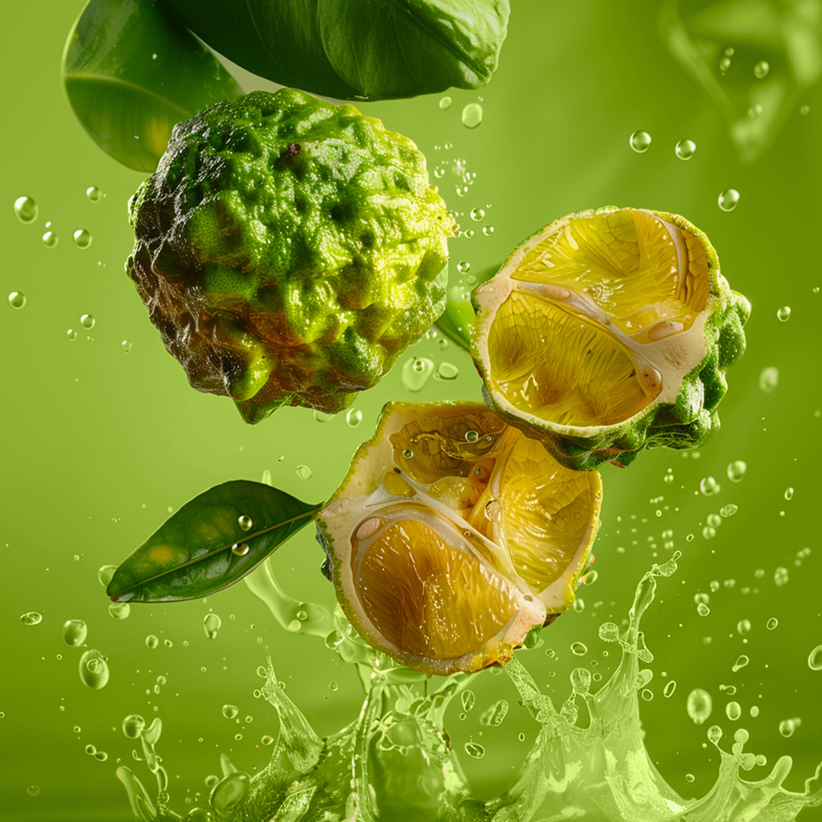 Accord de bergamote. Photographie de 3 bergamote verte flottantes, deux moitiés de ce fruit sont coupées, présentant l'intérieur juteux avec du jus éclaboussant autour.