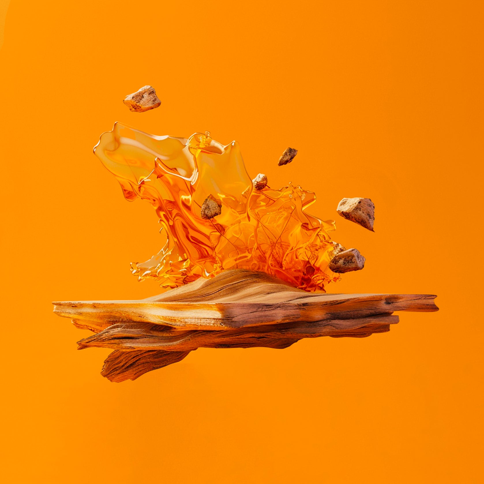 Accord de bois ambré. Photographie de morceaux d’ambre s'échappant d'un morceau de bois, ce qui crée une image très dynamique et chaude.