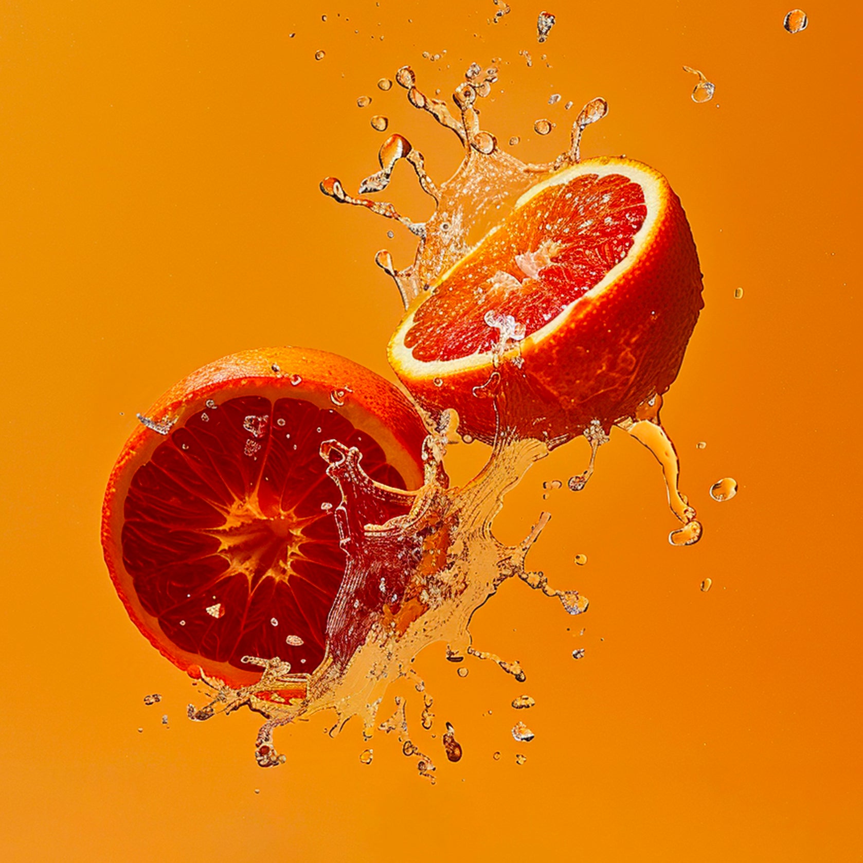 Accord de mandarine rouge. Photographie d’une mandarine rouge coupée en deux, toutes deux pulpeuses et juteuses avec des éclaboussures de jus autour d'elles, donnant un effet de fraîcheur. 