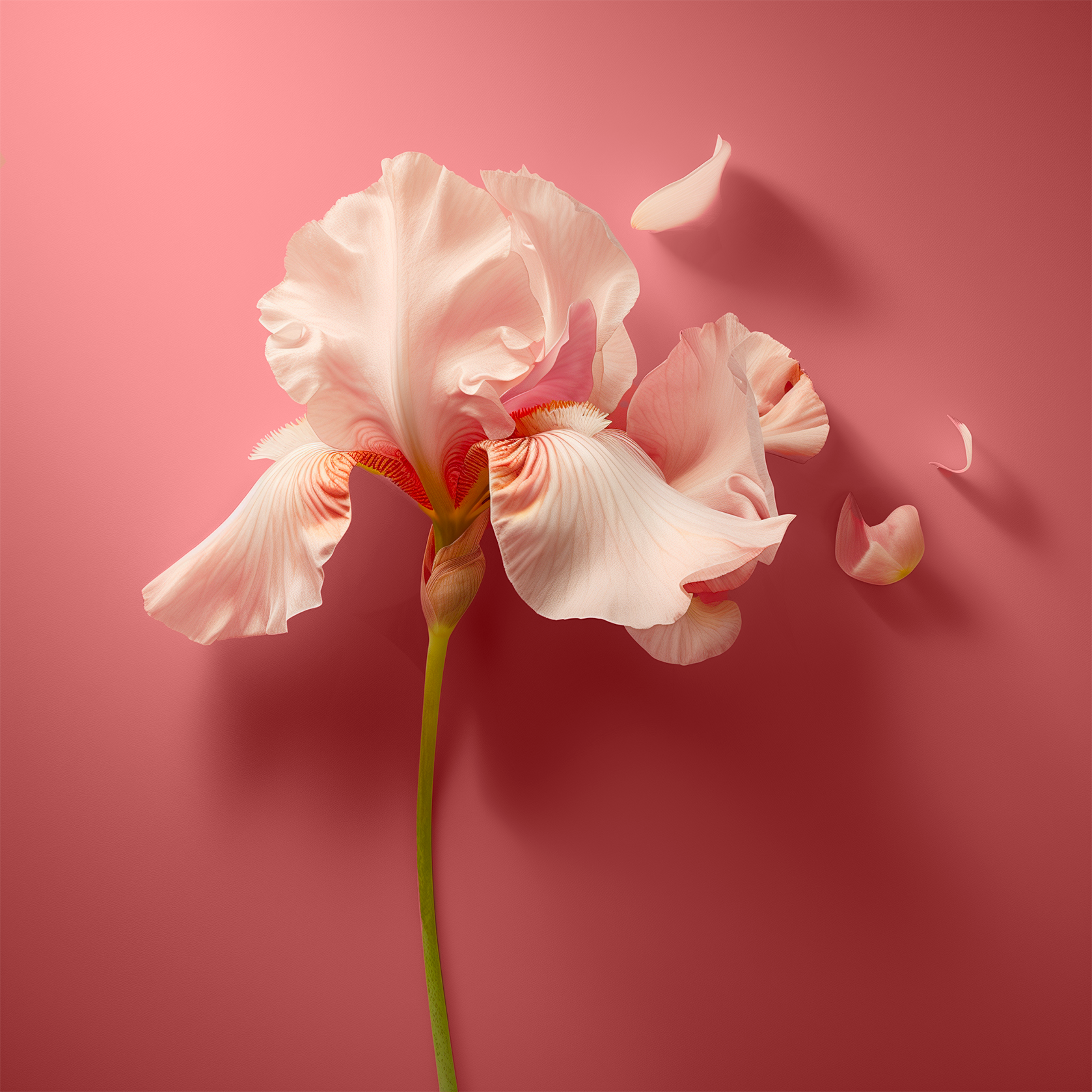 Accord de fleurs d’iris. Dans un fond rose, une photographie d’une fleur d'iris blanche avec des nuances de rose pâle est représentée. La fleur est en pleine floraison avec plusieurs pétales ouverts et quelques-unes tombant, sur une tige verte simple et élancée. 