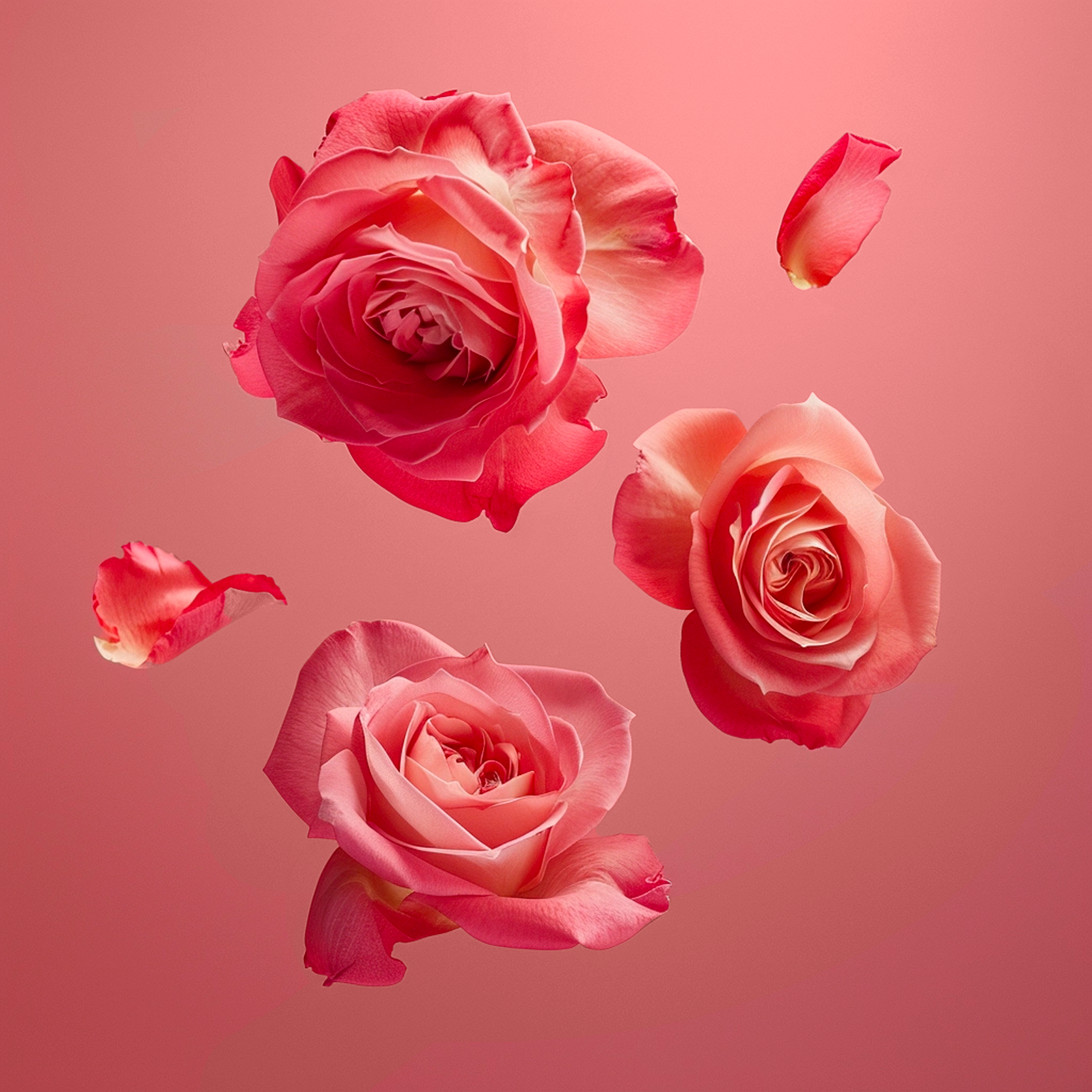 Accord de fleurs de rose. Sur un fond rose, photographie d’un groupe de roses rouges flottant dans le vide est représenté. Il y a une grande rose complètement éclose au centre, entourée de boutons de roses et de roses partiellement ouvertes, avec des détails visibles des pétales. 